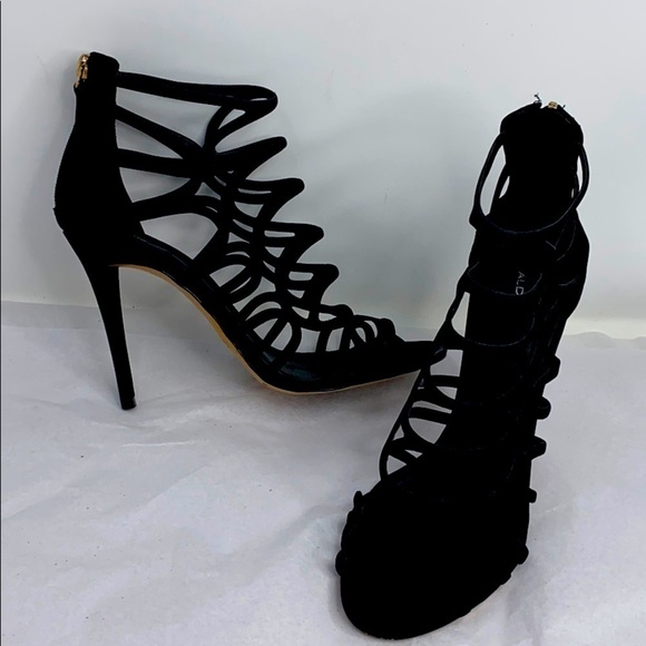 Aldo Black Suede Sz 8.5 High Heel Sandal Bootie - Picture 2 of 9